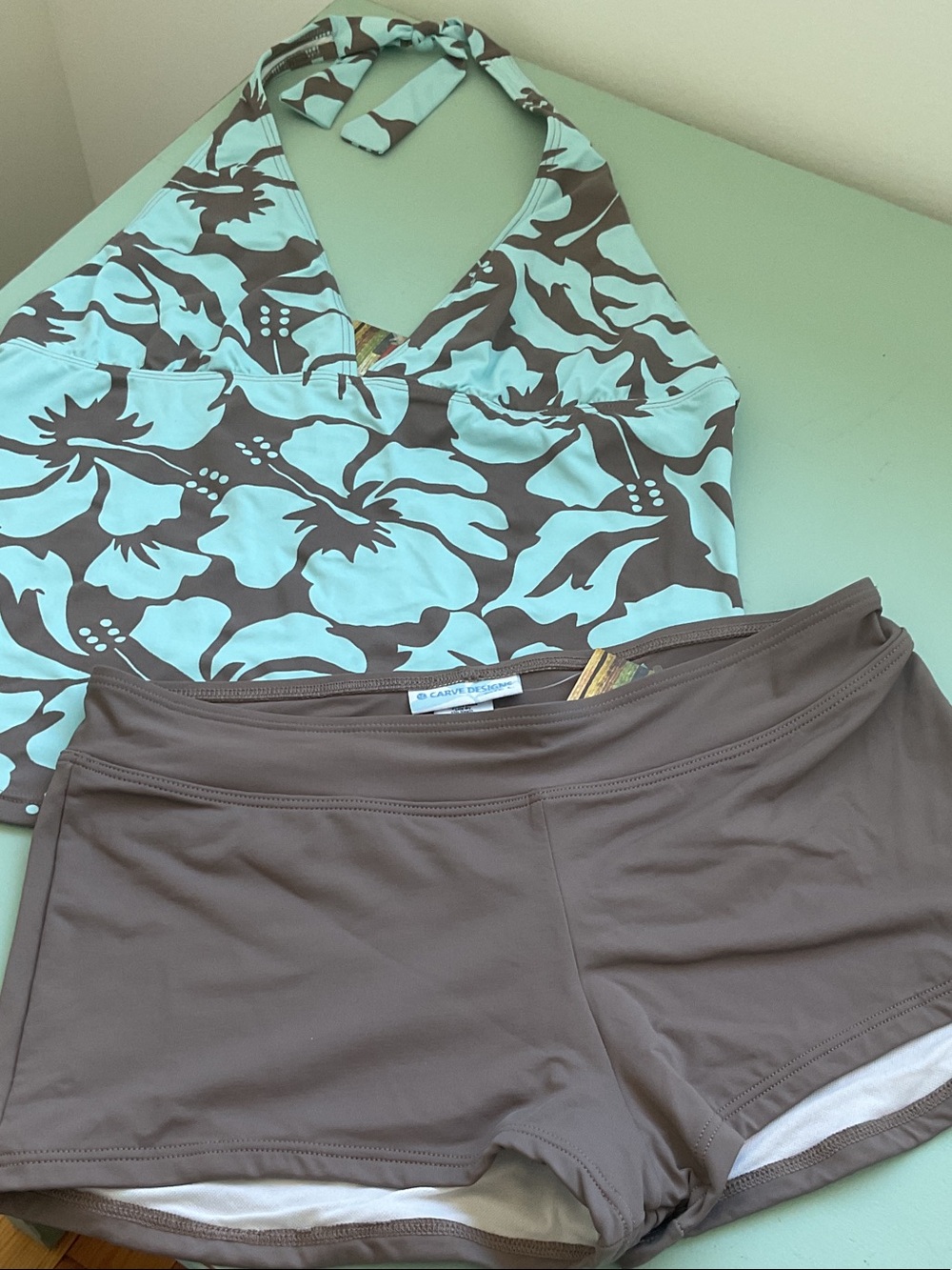 Carve Designs Aqua and Brown Floral Swim Set Large